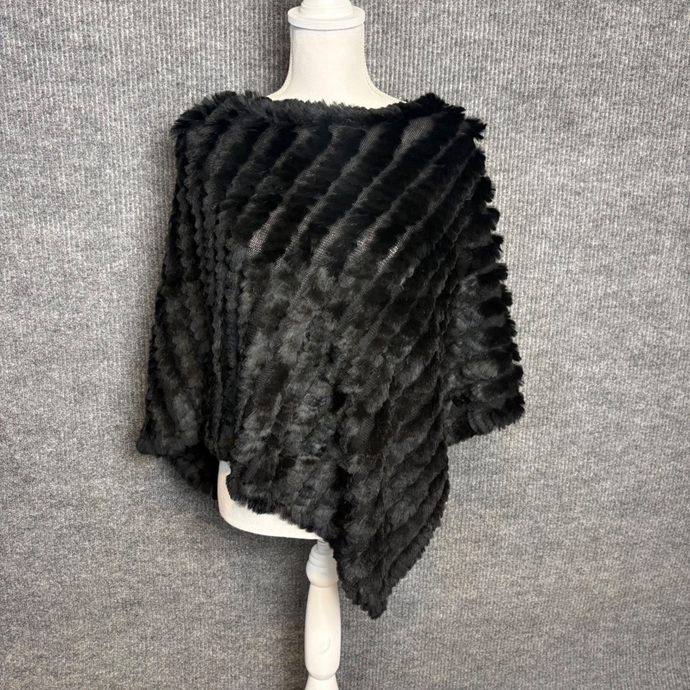 Black Rivet Genuine Rabbit Fur Poncho Wrap Black Wool Blend One Size Asymmetric